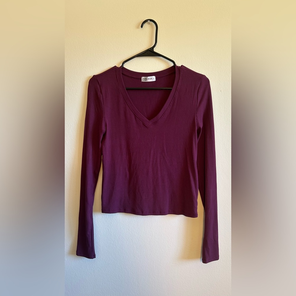 NanaMacs Casually Confident Long Sleeve V-Neck Top Wine Burgundy Plum Large